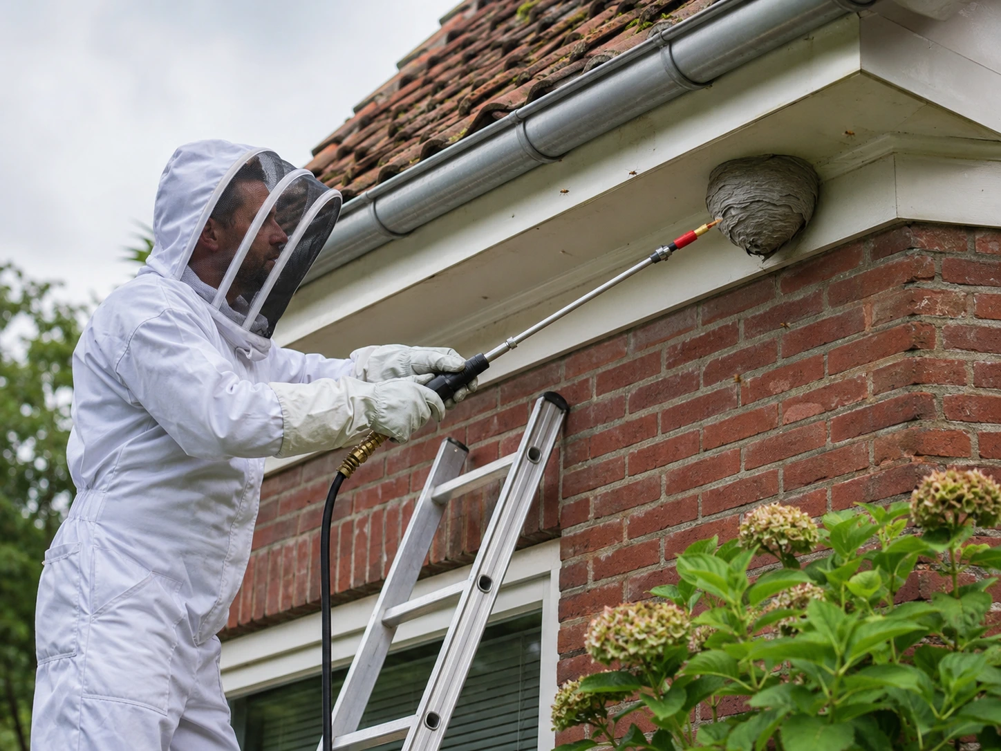 Specialist behandelt wespennest in een Leeuwarder dakgoot met precisie-apparatuur